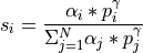 s_{i}=\frac{\alpha_{i} * p_{i}^{\gamma}} {\Sigma_{j=1}^{N} \alpha_{j} * p_{j}^{\gamma}}